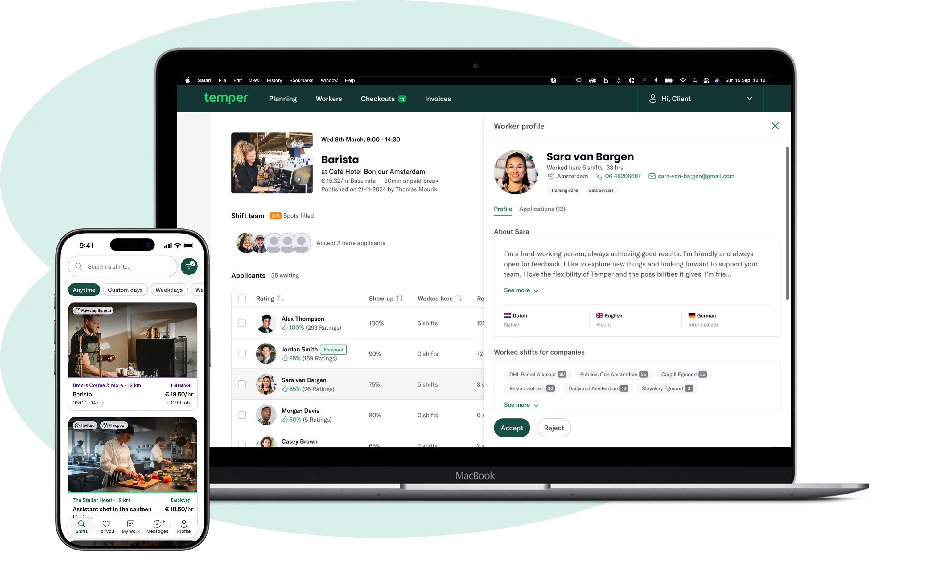 Both sides of the marketplace: the worker app on a phone next to the client platform on a laptop.