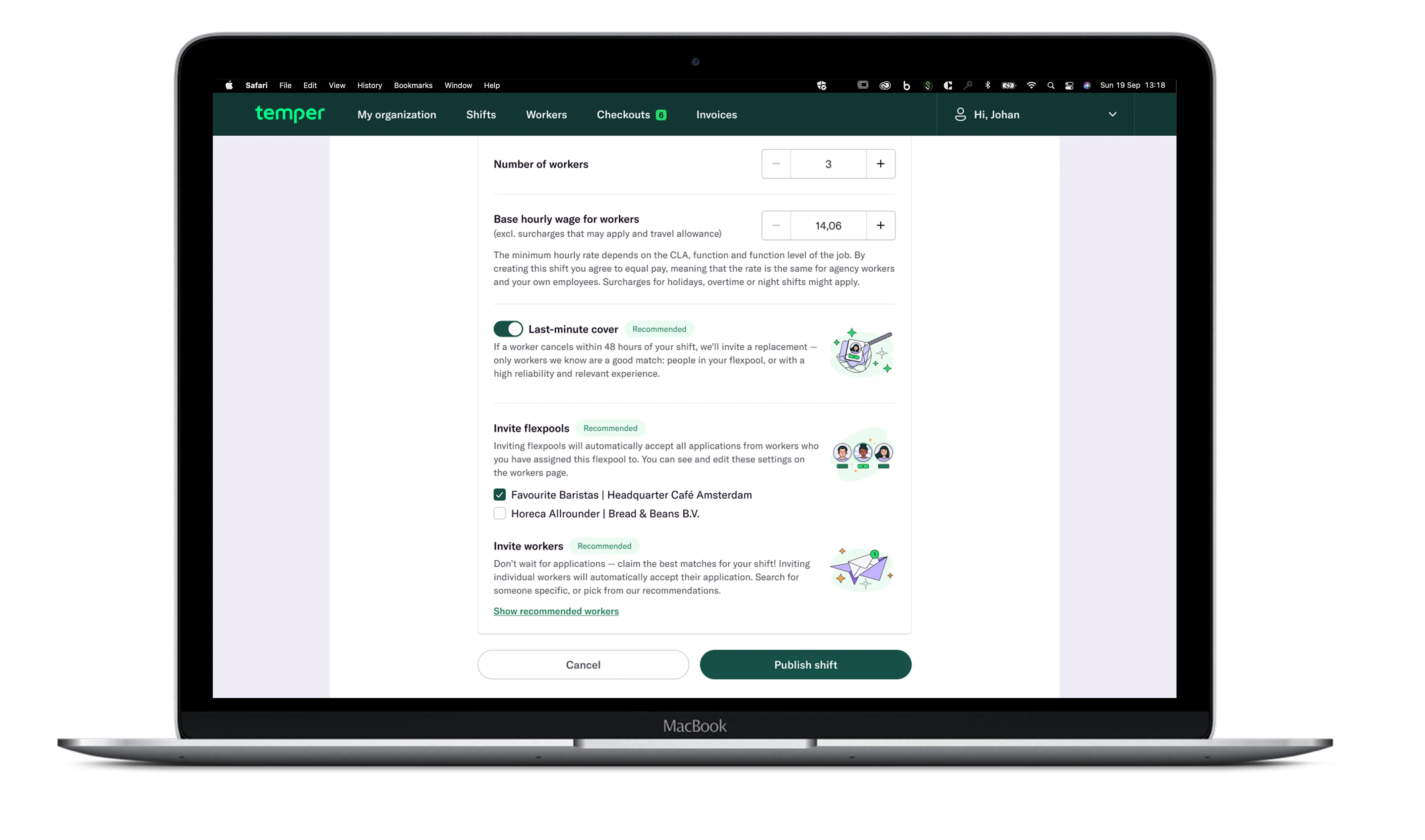 The publish-shift form with the Last-minute cover toggle, above Invite flexpools and Invite workers.
