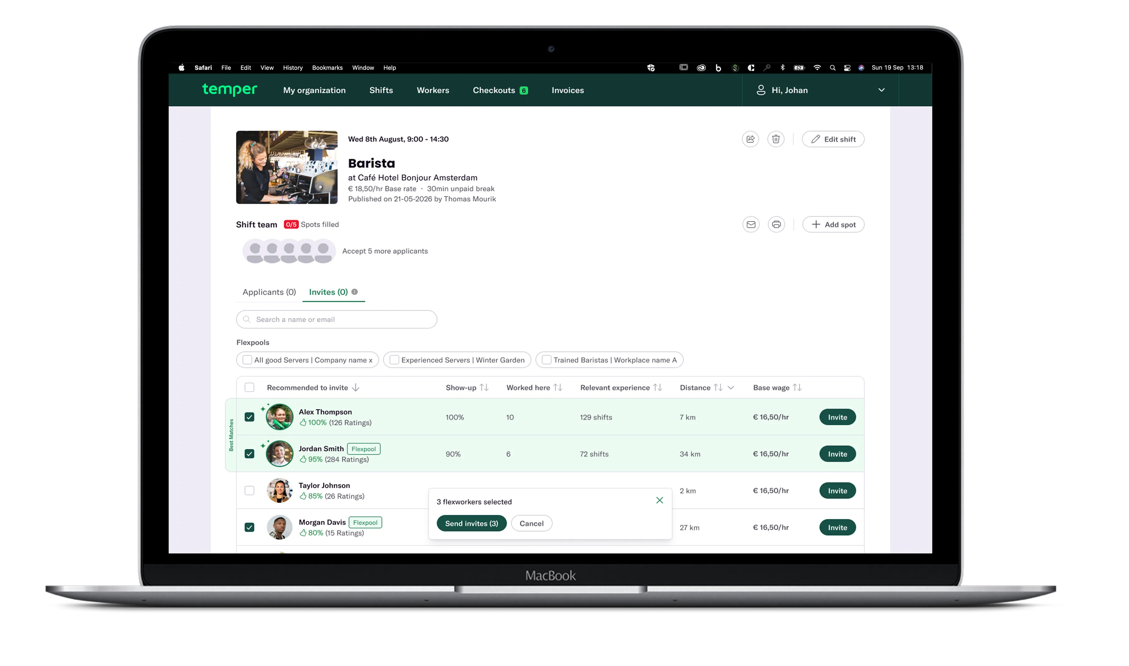 The Invites tab with the banner “Don’t wait for applicants” and multi-select on recommended workers.